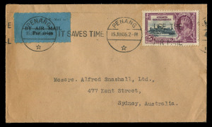 AUSTRALIA - Commercial Airmail Inwards to Australasia: Malaya - Straits Settlements: 1935 (Jun & Dec) covers Penang to Sydney and Melbourne bearing 25c Silver Jubilee solo for single combined airmail rate per ½oz and strip of three paying triple rate, the latter with blemishes, backstamped respective cities, most unusual and scarce usages. (2)