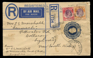 AUSTRALIA - Commercial Airmail Inwards to Australasia: Malaya - Straits Settlements: 1939 (Dec 16) use of Stationery 15c Registration Envelope from Singapore to Sydney uprated 55c for post-EAMS combined airmail rate 55c per ½oz, cancelled by double-circle 'SINGAPORE/3/REGISTRATION' datestamp, superb strike reverse, 'PASSED/FOR/TRANSMISSION' handstamp, minor blemishes.