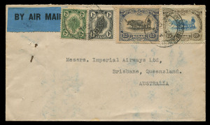 AUSTRALIA - Commercial Airmail Inwards to Australasia: Malayan States - Kedah: 1934 (Dec 12) cover from Alor Star to Brisbane bearing unusual combination franking for combined airmail rate 25c per ½oz, carried on first flight of the regular airmail service England to Australia, addressed to Imperial Airways Ltd, backstamped Brisbane, small blemishes, AAMC.469n.