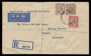 AUSTRALIA - Commercial Airmail Inwards to Australasia: Malayan States - Penang: 1937-38 covers from Kamunting Tin Dredging Ltd Kamunting to Melbourne bearing 25c for single rate, cancelled Taiping, and The Chartered Bank of India registered cover Taiping-Hobart also at single rate (plus 15c registration), backstamped Melbourne, and Taiping, Singapore, Melbourne, Hobart. (2)