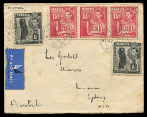 AUSTRALIA - Commercial Airmail Inwards to Australasia: Malta: 1938-40 covers to Sydney at 2/4½d (2/3d per ½oz airmail surcharge) or 1/3d inclusive airmail rates, former with 1/- (2) and 1½d strip of three centre unit variety "Broken cross" (SG #220a, Cat £90 used off cover), latter with 1940 (Jul.20) late use of KGV Air Mail opt 6d (2); some minor toning. (2)