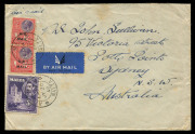 AUSTRALIA - Commercial Airmail Inwards to Australasia: Malta: 1938-40 covers to Sydney at 2/4&frac12;d (2/3d per &frac12;oz airmail surcharge) or 1/3d inclusive airmail rates, former with 1/- (2) and 1&frac12;d strip of three centre unit variety "Broken cross" (SG #220a, Cat - 2