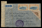 AUSTRALIA - Commercial Airmail Inwards to Australasia: Mozambique: 1940 (Jul 10) cover from Beira to Sydney franked aggregate (front and reverse) 14E25, for UPU 1E75 rate plus airmail surcharge 6E25 per 5gms x2, sent via Cairo where it joined BOAC service