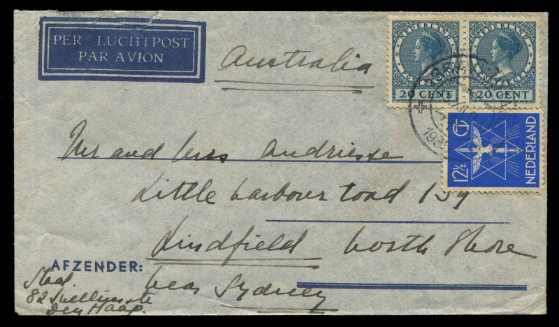 AUSTRALIA - Commercial Airmail Inwards to Australasia: Netherlands: 1931-39 selection to Andriesse family in Sydney, earliest (Dec.30 1931) by KLM service flight 58 from Amsterdam to Dutch East Indies thence surface, highest franked being 1935 at 1g32½, 1