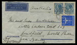 AUSTRALIA - Commercial Airmail Inwards to Australasia: Netherlands: 1931-39 selection to Andriesse family in Sydney, earliest (Dec.30 1931) by KLM service flight 58 from Amsterdam to Dutch East Indies thence surface, highest franked being 1935 at 1g32½, 1935 and 1938 KLM inaugural flights, some useful frankings including 40c solo x2, etc; odd fault, generally fine. (14)