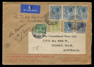 AUSTRALIA - Commercial Airmail Inwards to Australasia: Netherlands: 1937 (Jun-Jul) The Sport & General Press Agency Ltd covers to Sydney franked 3g57½, varying compositions including 1g strips of three x2, earliest endorsed 'Per Dutch Air Mail/Via Amsterdam', others via Imperial Airways service, little roughly opened. Attractive trio. (3)