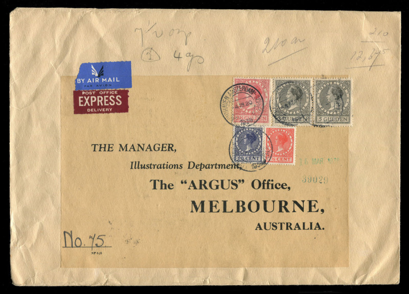 AUSTRALIA - Commercial Airmail Inwards to Australasia: Netherlands: 1938 (Mar 4) Express airmail cover (255x170mm) Amsterdam to Argus newspaper Melbourne franked aggregate 12g67½, including Wilhelmina 2½g + 5g pair, miscalculating by 10c UPU 65c (140-160g