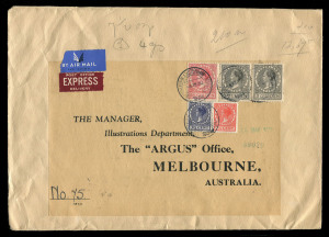 AUSTRALIA - Commercial Airmail Inwards to Australasia: Netherlands: 1938 (Mar 4) Express airmail cover (255x170mm) Amsterdam to Argus newspaper Melbourne franked aggregate 12g67½, including Wilhelmina 2½g + 5g pair, miscalculating by 10c UPU 65c (140-160gms) rate plus airmail surcharge 40c per 5gms x29 plus 32½c Express delivery, backstamped Melbourne.