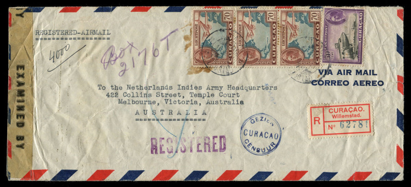 AUSTRALIA - Commercial Airmail Inwards to Australasia: Netherland Antilles - Curacao: 1943-45 dual censored trio Willemstad to Australia, featuring frankings of attractive 1942 Air series, comprising [1] 1943 (Nov 27) British Consulate cover to Bowral NSW