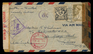 AUSTRALIA - Commercial Airmail Inwards to Australasia: Netherland Colonies - Surinam: 1943 (Dec 30) tri-censored cover endorsed on flap 'Military Headquarters' to Sydney franked 1g35, Censor tapes of Suriname and Sydney at left, tied by respective handstamps, USA Censor tape at right, circle '8' (with mss. '36' added at centre), K.P.M. Sydney arrival (Feb 2 1944), small handling faults, rare.