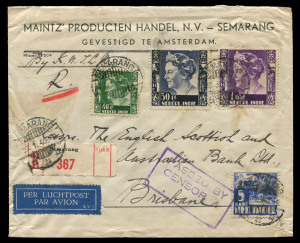 AUSTRALIA - Commercial Airmail Inwards to Australasia: Netherland Indies: 1939-40 censored covers endorsed for KNILM service Bandoeng-South Melbourne and Semerang-Brisbane, last registered, franked 35c and 1g95, first with early unnumbered Melbourne Censor tape (opening fault at right top) and handstamp, other Brisbane Censor handstamp only, backstamped Melbourne or Brisbane. (2)
