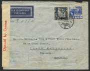 AUSTRALIA - Commercial Airmail Inwards to Australasia: Netherland Indies: 1939-40 censored covers endorsed for KNILM service Bandoeng-South Melbourne and Semerang-Brisbane, last registered, franked 35c and 1g95, first with early unnumbered Melbourne Censo - 2