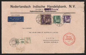 AUSTRALIA - Commercial Airmail Inwards to Australasia: Netherland Indies: 1940 (Jan & Nov) Nederlandsch Indische Handelsbank censored registered covers (250x155mm) Semerang-Brisbane and Makasser-Perth franked 2g05 and 1g75, censored Brisbane and Soerabaja, respectively, last with two large Nederland Zal Herrijen multicoloured labels affixed to reverse, backstamped Brisbane and Darwin, Perth, small blemishes. (2)