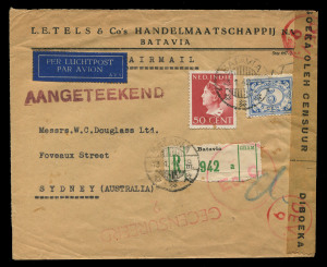 AUSTRALIA - Commercial Airmail Inwards to Australasia: Netherland Indies: 1942 (Jan 13 & 14) late censored covers Batavia to Perth and Sydney, latter registered, censor tapes and variety of handstamps, little roughly opened, last backstamped Sydney, very scarce.
