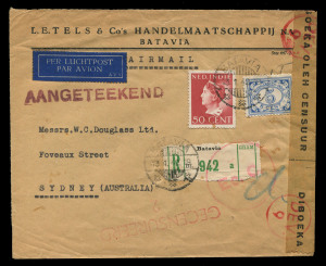 AUSTRALIA - Commercial Airmail Inwards to Australasia: Netherland Indies: 1942 (Jan 13 & 14) late censored covers Batavia to Perth and Sydney, latter registered, censor tapes and variety of handstamps, little roughly opened, last backstamped Sydney, very 
