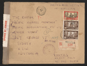 AUSTRALIA - Commercial Airmail Inwards to Australasia: New Caledonia: 1945 (May 26) censored registered cover (250x155mm) Noumea-Sydney franked aggregate 25f, including 20f, representing UPU 4f plus airmail surcharge 8f50 per 5gms x2 plus 4f registration, censored New Caledonia and Sydney, backstamped Sydney.
