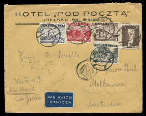 AUSTRALIA - Commercial Airmail Inwards to Australasia: Poland: 1937 (Jun 28 & 30) Hotel Pod Poczta (Bielsko) covers to Henry B Smith (Melbourne) carried on consecutive Imperial Airways service flights (IE562-63), rates of 4z85 and 3z85 include a 1935 3z Moscicki franking, backstamped Warsaw, Athens, Melbourne. (2)