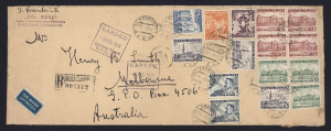 AUSTRALIA - Commercial Airmail Inwards to Australasia: Poland: 1939 (Jan 19) Pol-Wool (Biala Krak) registered cover (315x120mm) to Henry B Smith (wool broker, Melbourne) with high aggregate franking of 8z85, including scarce use of 1938 3z Pilsudski x2, representing UPU 85g (20-40gms) rate plus airmail surcharge 90g per 5gms x8 plus 45g registration, Spencer St 'CARDED' rectangular datestamp on front for consecutive days, currency control handstamp on reverse together with transits/arrival for W