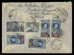 AUSTRALIA - Commercial Airmail Inwards to Australasia: Poland: 1939 (Apr 1) registered cover from Krakow to Melbourne with attractive and scarce 5z aggregate franking which includes Pilsudski opt on 25g (4) and 3z paying UPU 55g rate plus airmail surcharge 1z per 5gms x4 plus 45g registration, currency control label on front, Warsaw, Athens, Sydney, Melbourne backstamps.