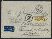 AUSTRALIA - Commercial Airmail Inwards to Australasia: Poland: 1939 (Apr 1) registered cover from Krakow to Melbourne with attractive and scarce 5z aggregate franking which includes Pilsudski opt on 25g (4) and 3z paying UPU 55g rate plus airmail surcharg - 2