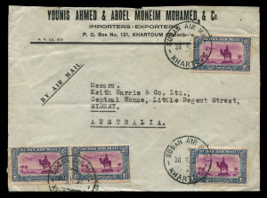 AUSTRALIA - Commercial Airmail Inwards to Australasia: Sudan: 1936-38 Younis Ahmed & Abdel Moneim Mohamed (Khartoum) to Keith Harris & Co (Sydney) covers at 6p40, 20p, 10p, and 9p10 rates, attractive range of frankings featuring 1931-37 Air series, backstamped Sydney, odd blemish, very scarce and eminently exhibitable group. (4)