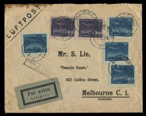 AUSTRALIA - Commercial Airmail Inwards to Australasia: Sweden: 1932 (Jul 5) cover Klippan to Melbourne via Imperial Airways service to Karachi (flight IE172), aggregate franking 1kr40 comprising 1930 Air 10ö x4 and 50ö pair, representing UPU 40ö (20-40gms) rate plus airmail surcharge to India 50ö per 20gms x2, backstamped Berlin, oval 'BERLIN-SASSNITZ (HAFEN)/BAHNPOST' (Zug 14), small blemishes, very early to Australia.
