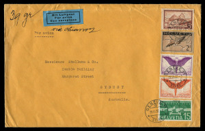 AUSTRALIA - Commercial Airmail Inwards to Australasia: Switzerland: 1937 (Jun 19) cover (235x145mm) from Genève to Sydney bearing quintuple franking aggregate of 6f90, including 1923 75c Air and 1931 3f The Mythen, representing UPU 50c (20-40gms) rate + airmail surcharge 80c per 5gms x8, neatly repaired opening fault, backstamped Sydney. Most attractive.
