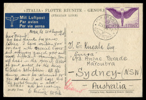 AUSTRALIA - Commercial Airmail Inwards to Australasia: Switzerland: 1938 (Aug 22) use of Italia Flotte Riunite postcard (picture of Roma liner obverse) from Innerarosa to Sydney bearing solo franking 1923 1f Air for UPU 20c postcard rate plus 80c airmail surcharge, fine and rare pre-war use of airmail postcard.