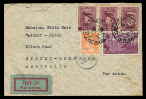 AUSTRALIA - Commercial Airmail Inwards to Australasia: Turkey: 1938 (Oct & Nov) covers from Izmir and Tarabya to Sydney with varying franking compositions for 116k20 rate, last with Air 35k on 40k surcharge pair and 40k, backstamped Athens, small opening 