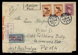 AUSTRALIA - Commercial Airmail Inwards to Australasia: Turkey: 1940-41 censored covers from Izmir to Melbourne and Mersin to Perth via BOAC Horseshoe route franked 50k and 58k, last with scarcer franking of 9k on 15k Air x2 and 40k (cover small corner fault), censor tapes/handstamps of Melbourne or Perth, backstamped triangular Adana/Mardin/Seyyar datestamp and Baghdad, and Adana, Istanbul and Baghdad, respectively, scarce pair. (2)