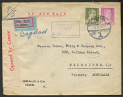 AUSTRALIA - Commercial Airmail Inwards to Australasia: Turkey: 1940-41 censored covers from Izmir to Melbourne and Mersin to Perth via BOAC Horseshoe route franked 50k and 58k, last with scarcer franking of 9k on 15k Air x2 and 40k (cover small corner fau - 3