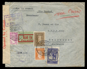 AUSTRALIA - Commercial Airmail Inwards to Australasia: Turkey: 1941 (Jun 11) censored cover from Beyoglu to Melbourne carried by BOAC via Horseshoe route, attractive franking for 58k rate (plus Obligatory tax 1k), backstamped Baghdad, censored at Cairo and Melbourne upon arrival.
