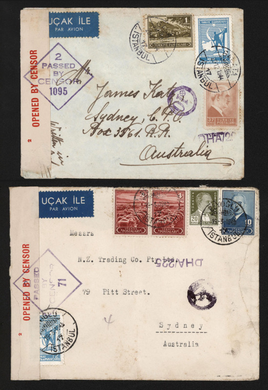 AUSTRALIA - Commercial Airmail Inwards to Australasia: Turkey: 1944-45 censored covers Istanbul to Sydney with varying franking compositions for reduced 38k rate (plus Obligatory tax 2k), backstamped Baghdad, various Censor markings including Sydney tape/