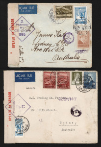 AUSTRALIA - Commercial Airmail Inwards to Australasia: Turkey: 1944-45 censored covers Istanbul to Sydney with varying franking compositions for reduced 38k rate (plus Obligatory tax 2k), backstamped Baghdad, various Censor markings including Sydney tape/handstamps, later with opening faults, also 1945 cover to Melbourne with typewritten instructions for airmail but paid at 2k Imprime rate only, censored India. (3)