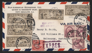AUSTRALIA - Commercial Airmail Inwards to Australasia: United States: 1936-39 selection sent by ship across Atlantic to join with Imperial Airways west-east service, mostly 49c rate (52c from West Coast including USA internal airmail surcharge), including attractive franking compositions, some with indications of ship engaged, includes one each of registered, Express delivery and perfin ('RWC/CO'), a few ancillary markings, very early Melbourne censor handstamp (departed USA Aug 23 1939), etc, o
