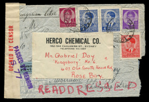 AUSTRALIA - Commercial Airmail Inwards to Australasia: Yugoslavia: 1939-40 censored covers to NSW from Bribir and Novi Sad franked 21d50 for UPU 3d rate plus airmail 18d50 surcharge per 10gms, Sydney Censor tapes/handstamps, earlier backstamped two Yugoslav towns (one unclear, other Zemun) and Athens, later (roughly opened) Zemun and Sydney. Censored mail this origin/destination very scarce. (2)