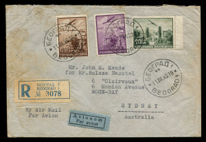 AUSTRALIA - Commercial Airmail Inwards to Australasia: Yugoslavia: 1940 (Mar 11) registered cover from Belgrade to Sydney from Nesztel correspondence, franked 25d50 for UPU 3d rate, plus airmail surcharge 17d50 per 10gms plus 5d registration, backstamped Zemun, Athens, Sydney, Rose Bay, trifle soiled, attractive.