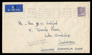 AUSTRALIA - Mail involved in Incidents or Interruptions in transit to Australasia: 16 Nov.1974 airmail cover from Bristol to Perth (WA) franked Machin 5p for 2nd Class rate, carried by British Airways VC10 flight London to Far East which was hi-jacked Nov 22 in Dubai, recovered mail for Western Australia receiving a handstamped 'DELAYED EN ROUTE/- AIRCRAFT HI -JACK'. Unlisted AAMC and Nierinck.
