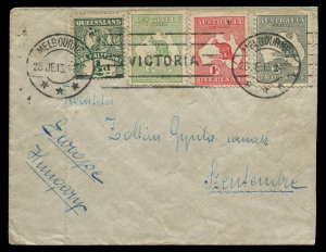 AUSTRALIA - Postal History: 1913 (Jun.13) cover to Hungary with attractive combination franking of Roos ½d, 1d & 2d plus Queensland ½d Widow all tied by MELBOURNE machine cancel, small part SZENTENDRE arrival backstamp, cover somewhat reduced at right.