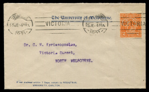 AUSTRALIA - Postal History: 1916-29 KGV Perf 'OS' issues on University of Melbourne (Carlton) covers to same addressee in Melbourne, comprising 1d Red Smooth Paper (3), 1½d black-brown, 1½d brown (2), 1½d red (2) and 2d orange (3), condition variable, majority fine, minimum on-cover Cat. $700. (11 covers)