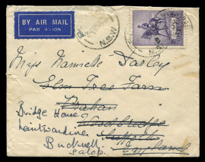 AUSTRALIA - Postal History: 1934-36 airmail covers with commemorative frankings comprising 1934 underpaid Melbourne to England with 9d & 2d Macarthur, 1935 with 2/- Jubilee solo from Bowral (NSW) to England re-directed on arrival, 1935 Sydney to England with 3d Victoria Centenary (5) & 3d Macarthur paying correct 1/6d rate, boxed 'Not to be Found/498' and (on reverse) 'UNDELIVERED FOR REASON STATED/...' handstamps; also 1936 registered to Czechoslovakia