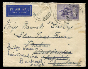 AUSTRALIA - Postal History: 1934-36 airmail covers with commemorative frankings comprising 1934 underpaid Melbourne to England with 9d & 2d Macarthur, 1935 with 2/- Jubilee solo from Bowral (NSW) to England re-directed on arrival, 1935 Sydney to England w