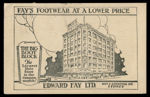 AUSTRALIA - Postal History: 1935 (Mar 26) printed advice card for Edward Fay Ltd (shoe store, Sydney) with KGV 1½d brown perfinned 'EF/LD' tied by Sydney machine cancel, addressed to Mirani (Qld), attractive image of the company building on the face.