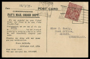 AUSTRALIA - Postal History: 1935 (Mar 26) printed advice card for Edward Fay Ltd (shoe store, Sydney) with KGV 1&frac12;d brown perfinned 'EF/LD' tied by Sydney machine cancel, addressed to Mirani (Qld), attractive image of the company building on the face. - 2