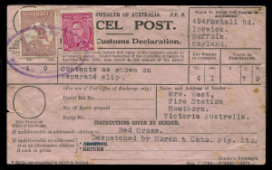 AUSTRALIA - Postal History: Late 1930s use of pink Parcel Post Customs Declaration label with CofA 2/- maroon Die II Roo & KGVI 1/4d maroon tied by large oval 'TELEGRAPH OFFICE/ FITZROY N.6' datestamp (dateline not legible, WWW do list this type, the later rectangular type WWW.1420 is rated 4R), sent by Moran & Cato (Grocers, Fitzroy) to Ipswich, England for groceries weighing 4lbs 1oz valued at 7/9d; spotting on reverse & minor tear, fine condition overall. Unusual.