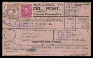 AUSTRALIA - Postal History: Late 1930s use of pink Parcel Post Customs Declaration label with CofA 2/- maroon Die II Roo & KGVI 1/4d maroon tied by large oval 'TELEGRAPH OFFICE/ FITZROY N.6' datestamp (dateline not legible, WWW do list this type, the lat