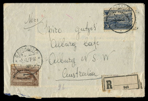 AUSTRALIA - Postal History: 1947 (Apr 2) registered inwards cover from Albania with 3fr dark blue & 40q brown, with REPUBLIKA overprints in black, tied by GJIROKASTER datestamps, black/white registration label, TIRANE transit and ALBURY arrival backstamps. Small faults, rare useage.