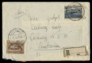 AUSTRALIA - Postal History: 1947 (Apr 2) registered inwards cover from Albania with 3fr dark blue & 40q brown, with REPUBLIKA overprints in black, tied by GJIROKASTER datestamps, black/white registration label, TIRANE transit and ALBURY arrival backstamps