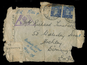 AUSTRALIA - Postal History - World War II - Military: 1941 large-part distressed airmail cover-front to England with KGVI 3d x2 - singed, a third missing - tied by 'AIF FIELD PO/NO 24' cds in use at Hama in Lebanon (Proud "Not Seen), endorsed "Accidenta