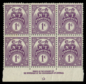 AUSTRALIAN COLONIES & STATES - General & Miscellaneous Lots: Northern Territory - Revenues: 1966 1c Stamp Duty Authority Imprint block of 6, couple of gum creases not visible on face, MUH. Imprints blocks are seldom offered.